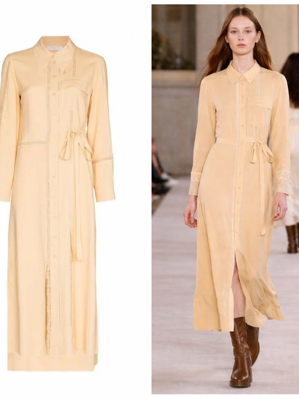 Chloé Cream Midi Dress Silk Blend Shirt Lace Trim Belted 6 Boho Cocktail NWT 🟡